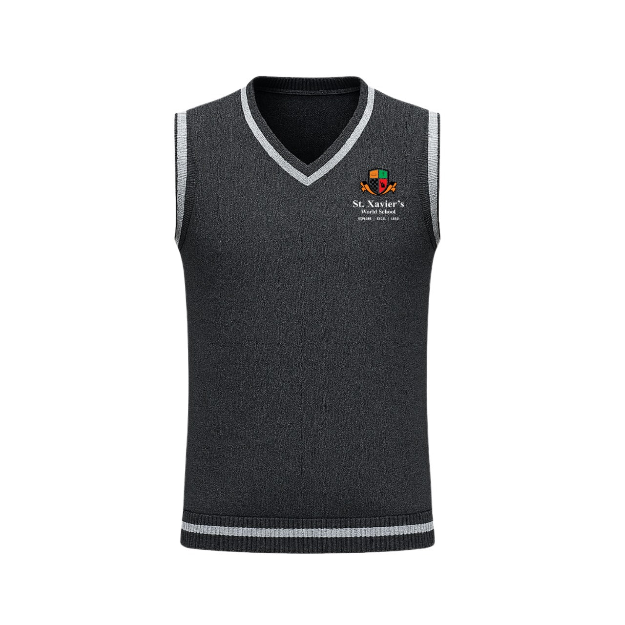St. Xavier’s World School Winter Sleeveless Sweater (Grey – V-Neck)