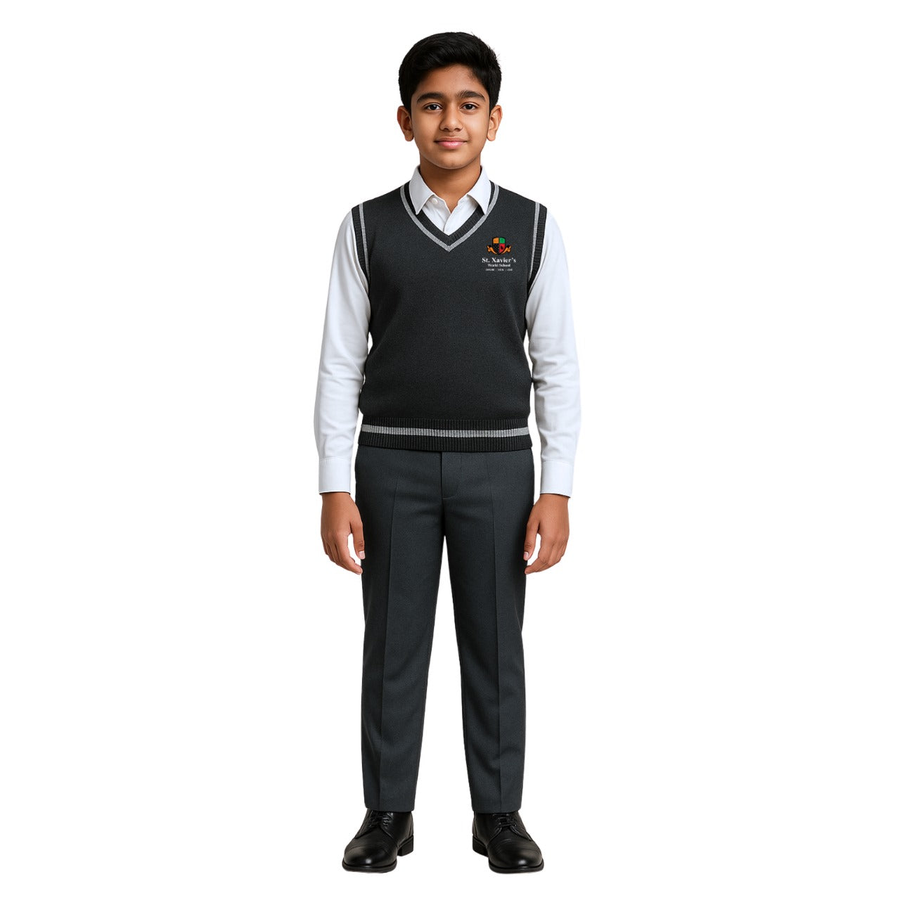 St. Xavier’s World School Winter Sleeveless Sweater (Grey – V-Neck)