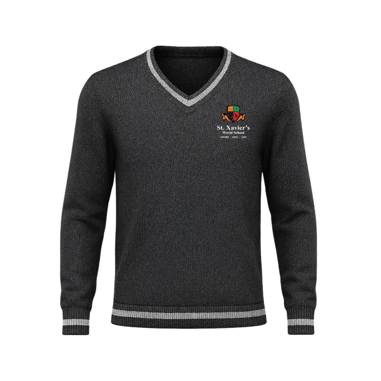 St. Xavier’s World School Winter Full-Sleeve Sweater (Grey – V-Neck)